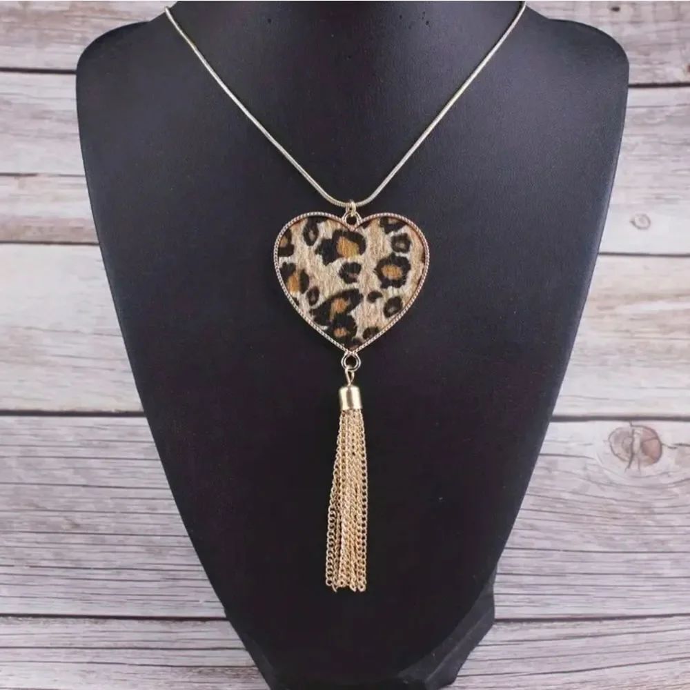 Gold Leopard Heart Tassel Necklace